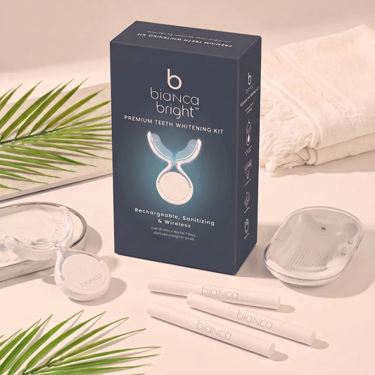 Bianca Bright Pro Wireless Whitening Kit with glowing LED tray, charging case and three whitening pens