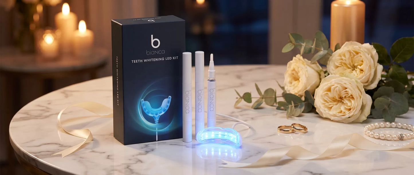 The Bridal Suite: Bianca Bright whitening kit with pens and LED mouthpiece among roses, pearls and wedding bands