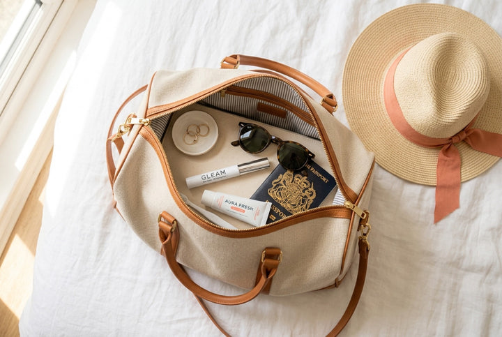 Travel bag with whitening pen, sunglasses, passport and straw hat in summer light