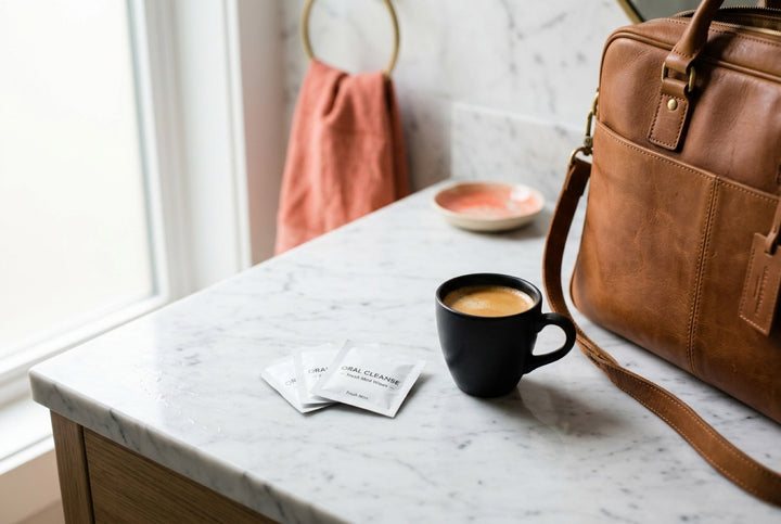 Individually wrapped teeth cleaning wipes on a bathroom counter next to an espresso