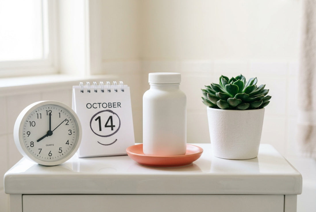 Oral probiotic chewables bottle beside a calendar and clock on a bathroom shelf