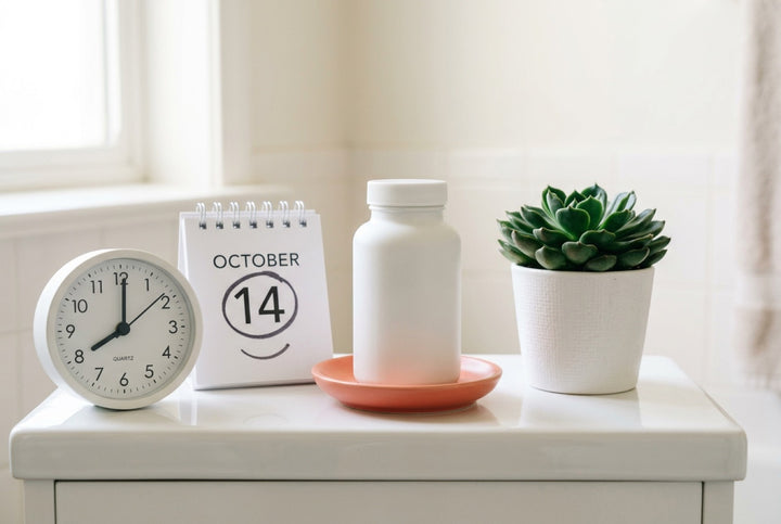 Oral probiotic chewables bottle beside a calendar and clock on a bathroom shelf
