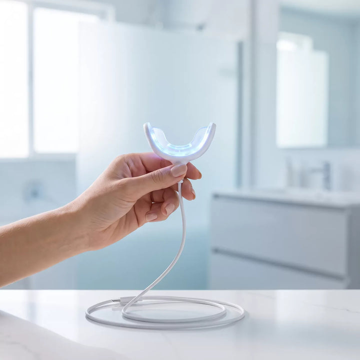 Using a blue LED whitening mouthpiece at home, the safe alternative to UV