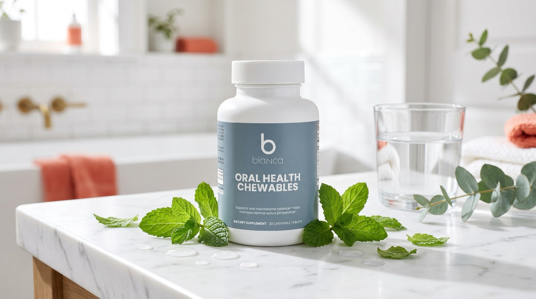 Bianca Bright Oral Health Chewables oral probiotic on a bathroom counter with fresh mint