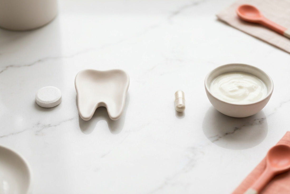 Oral probiotic chewable and gut probiotic capsule compared side by side on marble