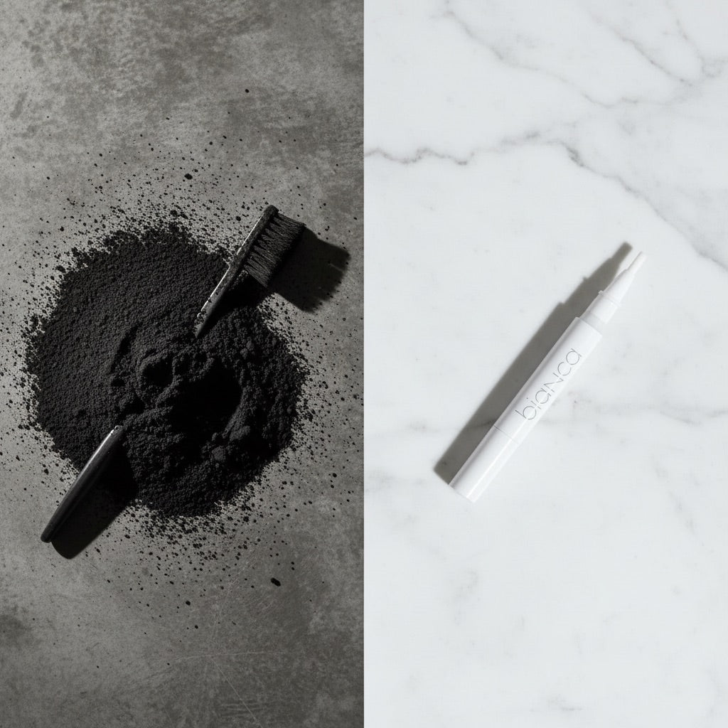 Charcoal powder mess vs clean Bianca Bright whitening pen
