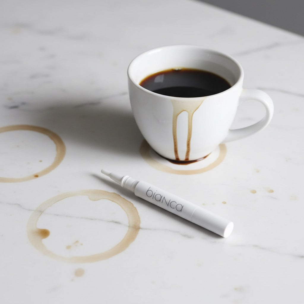 Coffee stains on marble with Bianca Bright whitening pen solution