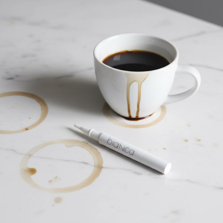 Coffee stains on marble with Bianca Bright whitening pen solution