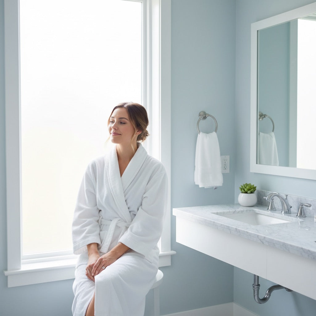 Woman in bathroom with Bianca Bright pen for sensitive teeth