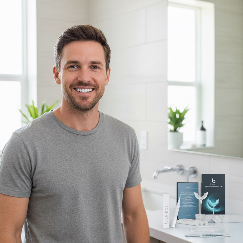 Man smiling confidently with Bianca Bright whitening products in modern bathroom