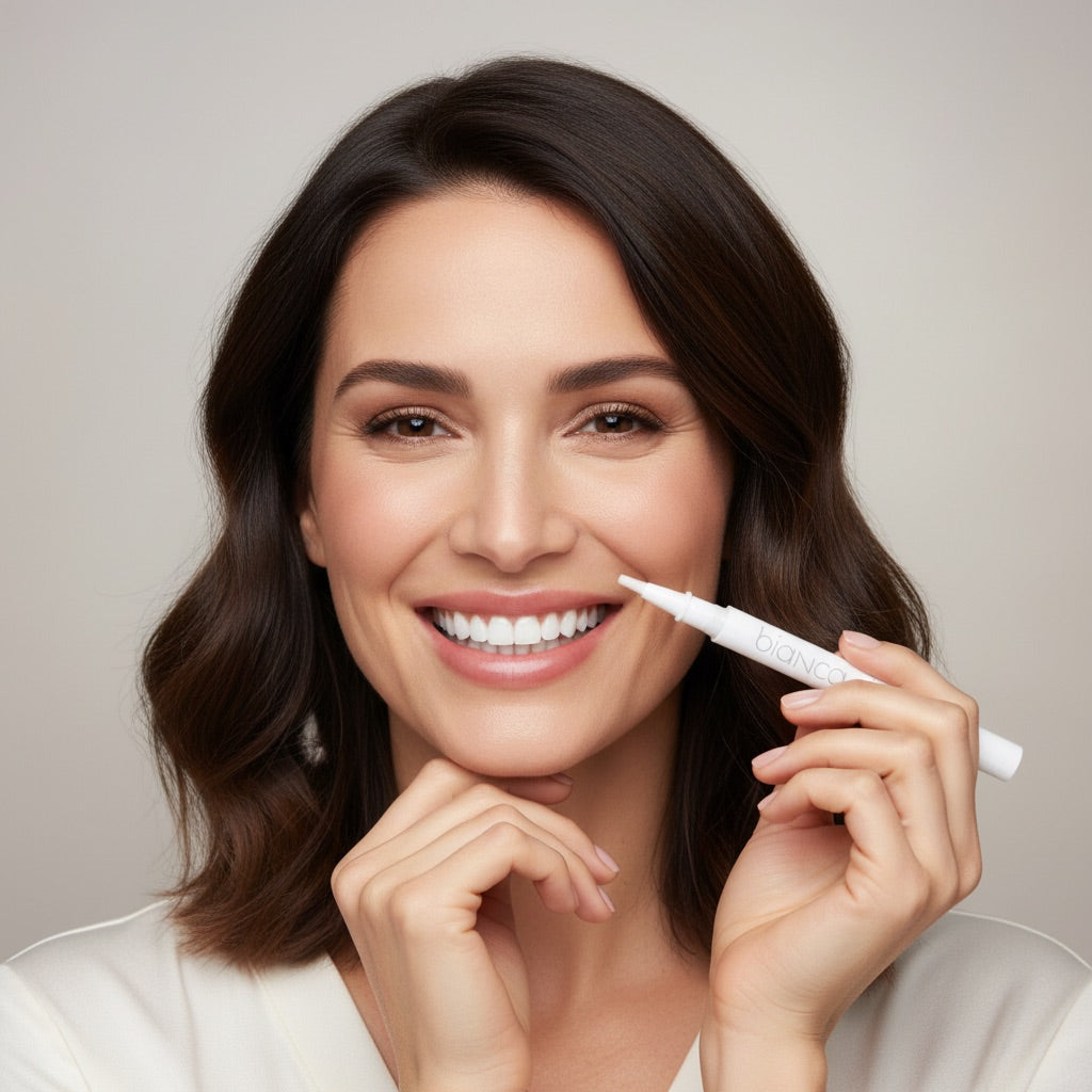 Woman with bright smile holding Bianca Bright whitening pen