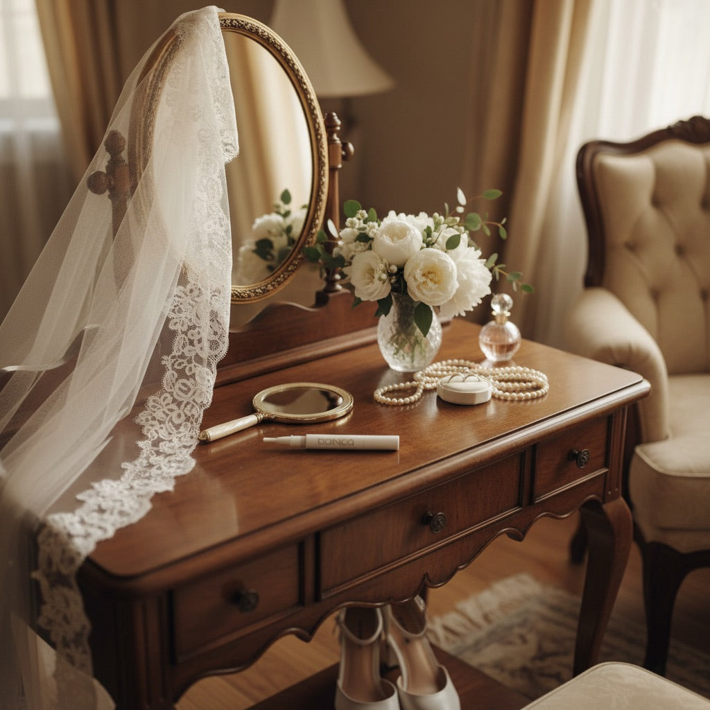 Bianca Bright whitening pen on bridal vanity with veil and flowers