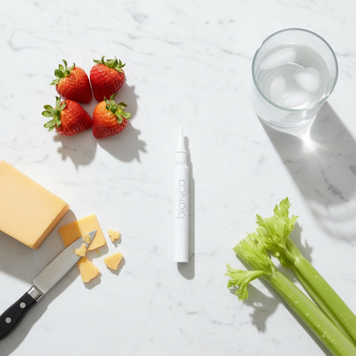 Bianca Bright whitening pen with teeth-safe foods for aftercare