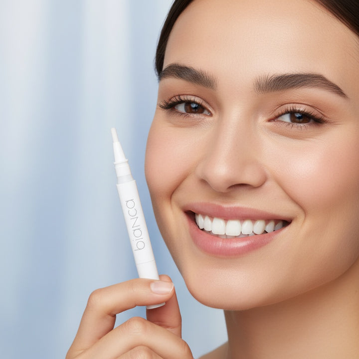 Person smiling with Bianca Bright pen for zero sensitivity whitening