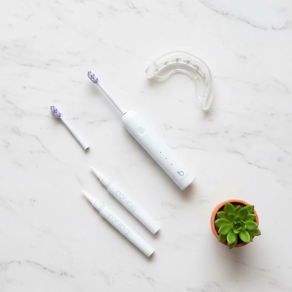 Bianca Bright product lineup flat lay on marble