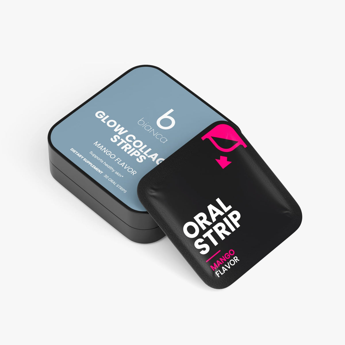 Glow Collagen Strips, closed tin with a strip packet