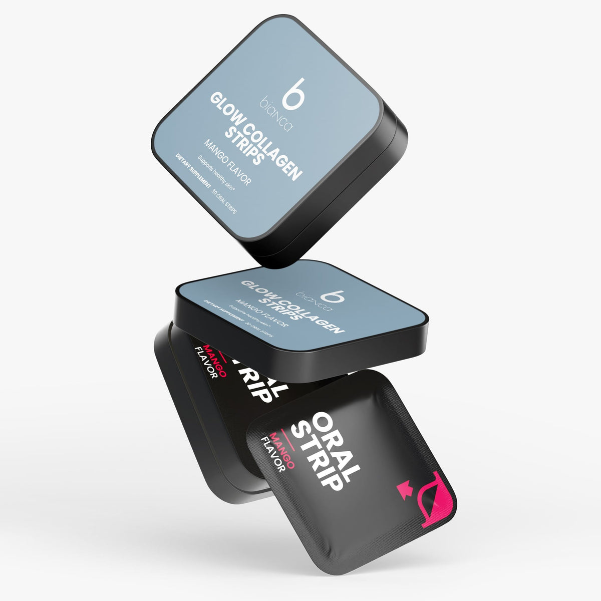 Glow Collagen Strips, stacked tins and strip packets
