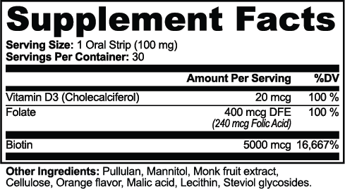 Hair, Skin & Nails Biotin Strips Supplement Facts panel