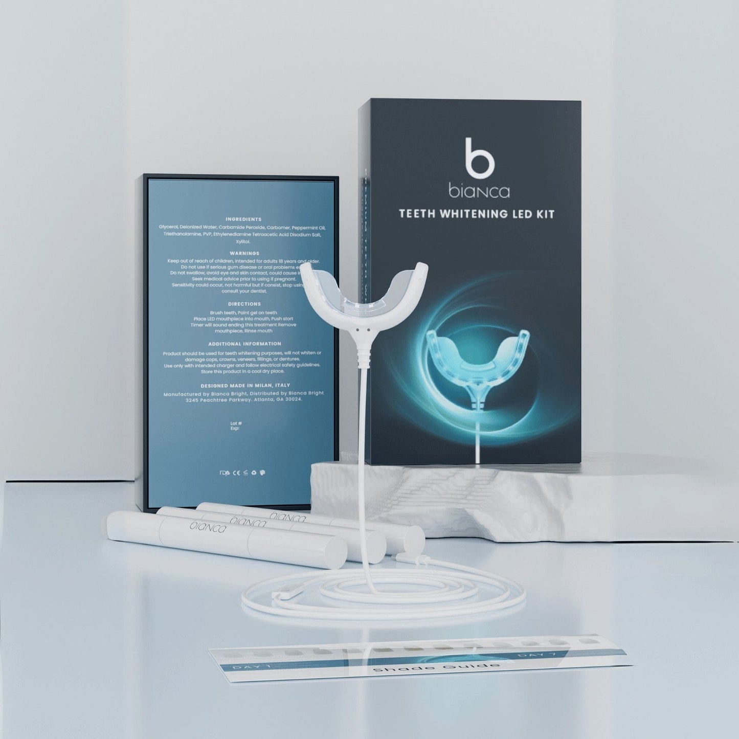 Bianca Bright essentials teeth whitening kit with wired LED mouthpiece and 3 pens