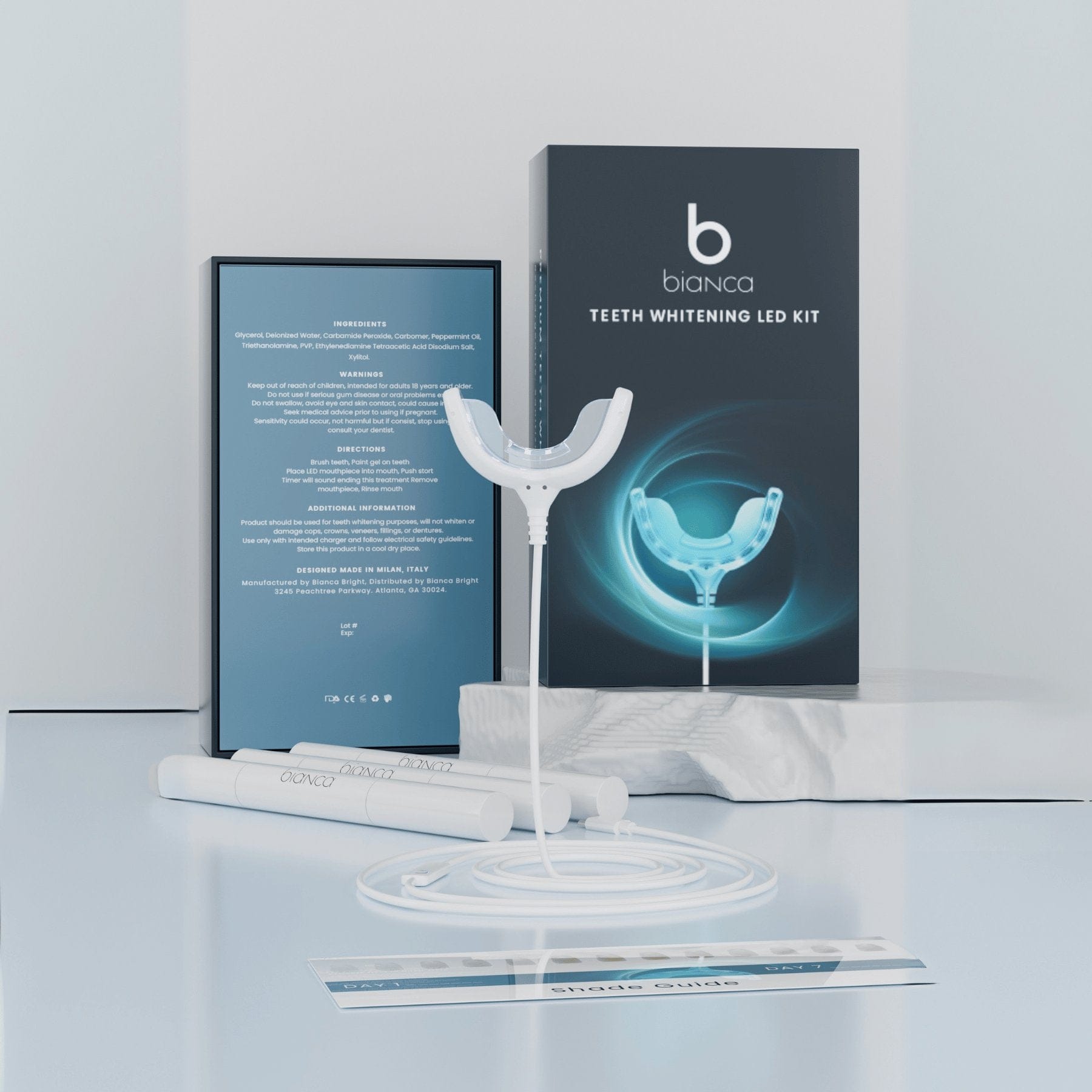 Bianca Bright essentials teeth whitening kit with wired LED mouthpiece and 3 pens