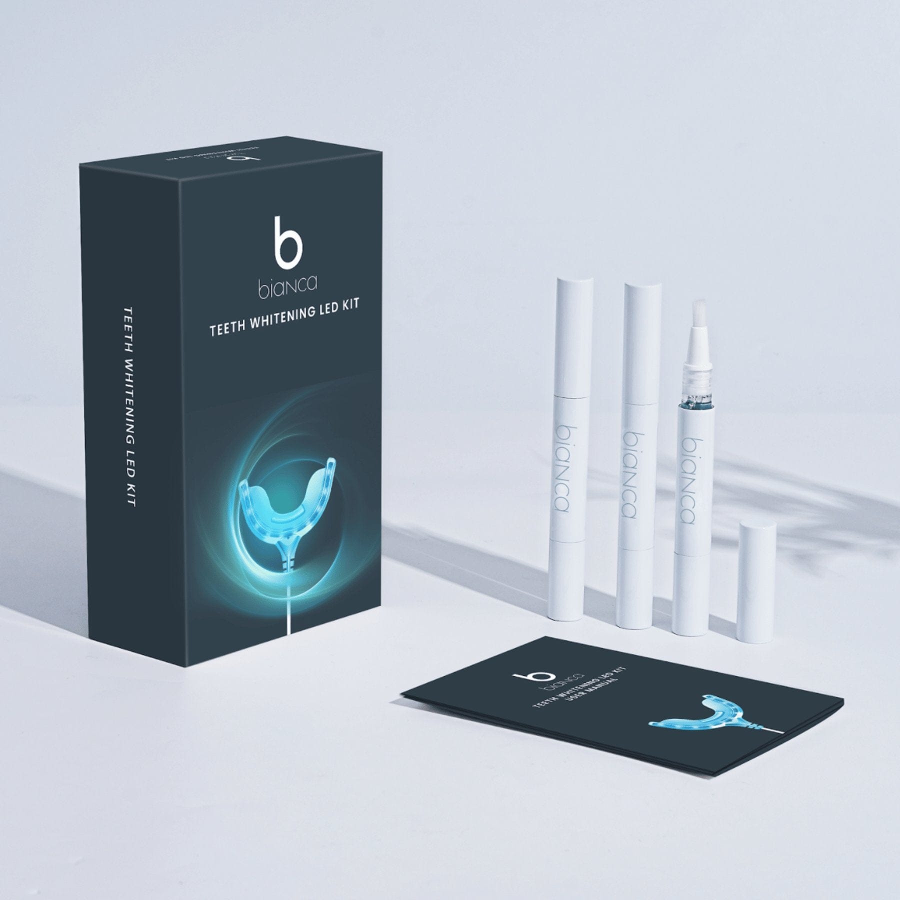 Bianca Bright essentials kit LED mouthpiece connected to phone for at-home whitening