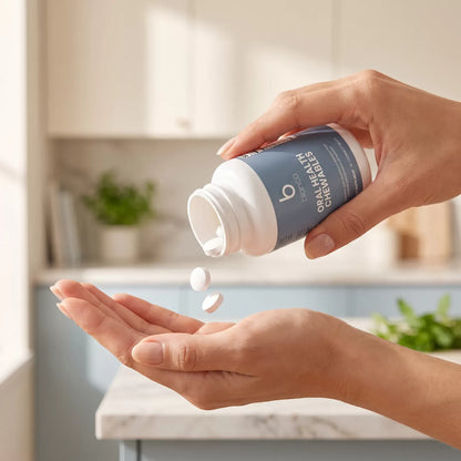 Hand pouring Bianca Oral Health Chewables tablets into an open palm