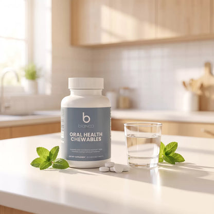 Bianca Oral Health Chewables bottle on a kitchen counter with a glass of water and fresh mint