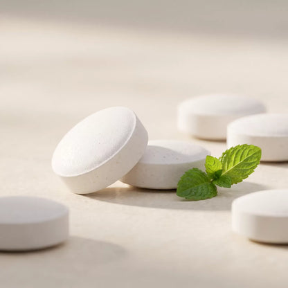 Macro of Bianca Oral Health chewable tablets with fresh mint on a cream stone surface