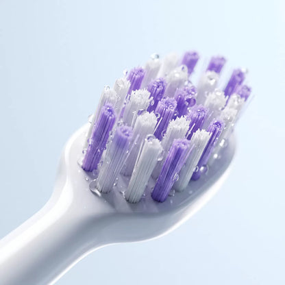 Macro of the Bianca oscillating brush head with purple-tipped bristles and water droplets