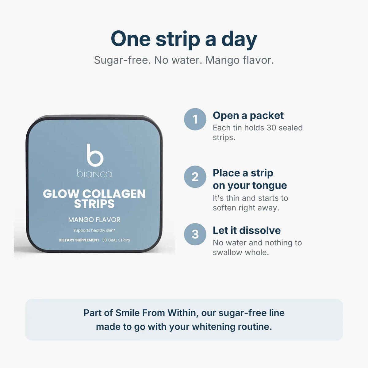 How to take Glow Collagen Strips: open a packet, place a strip on your tongue, let it dissolve