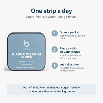 How to take Glow Collagen Strips: open a packet, place a strip on your tongue, let it dissolve