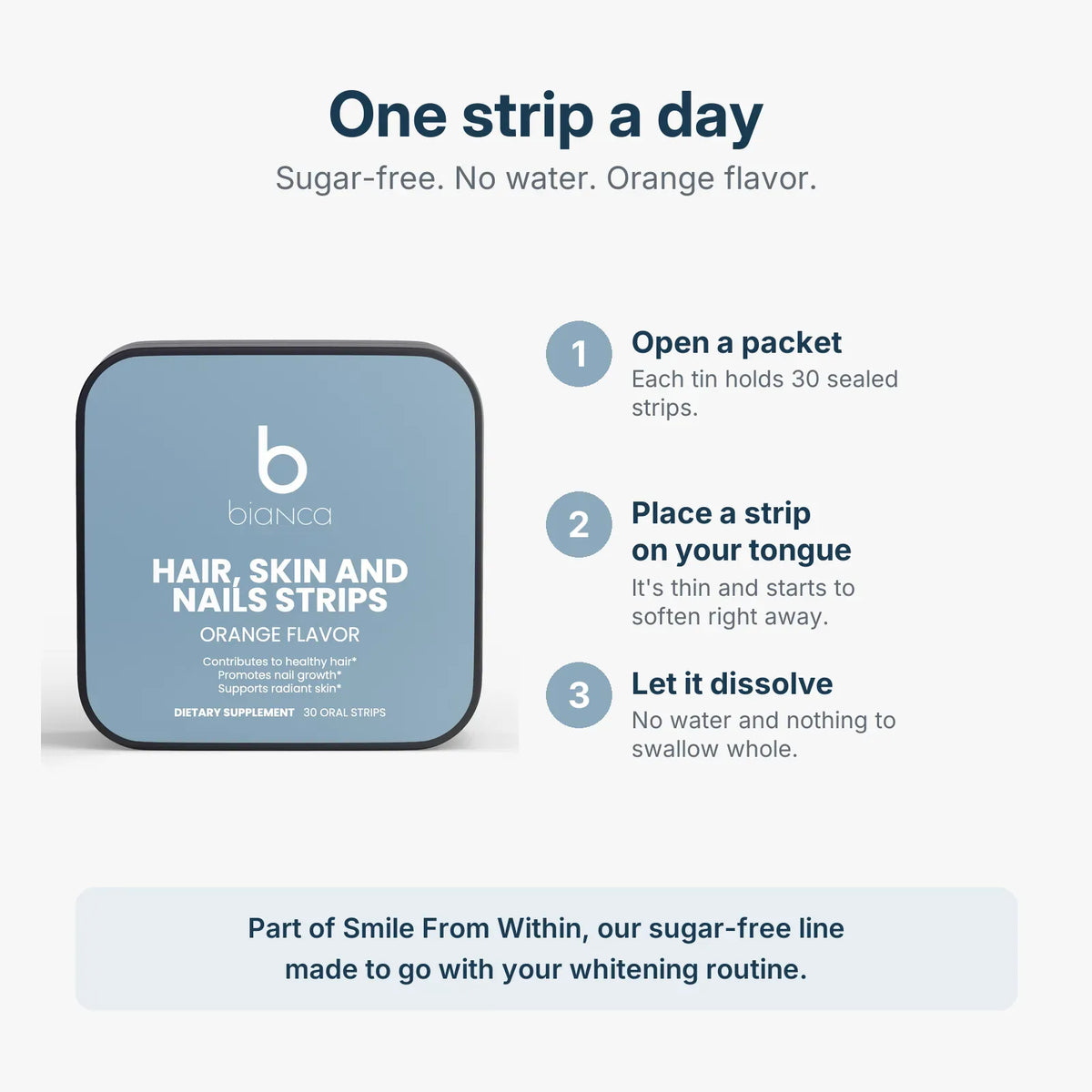 How to take Hair, Skin and Nails Biotin Strips: open a packet, place a strip on your tongue, let it dissolve