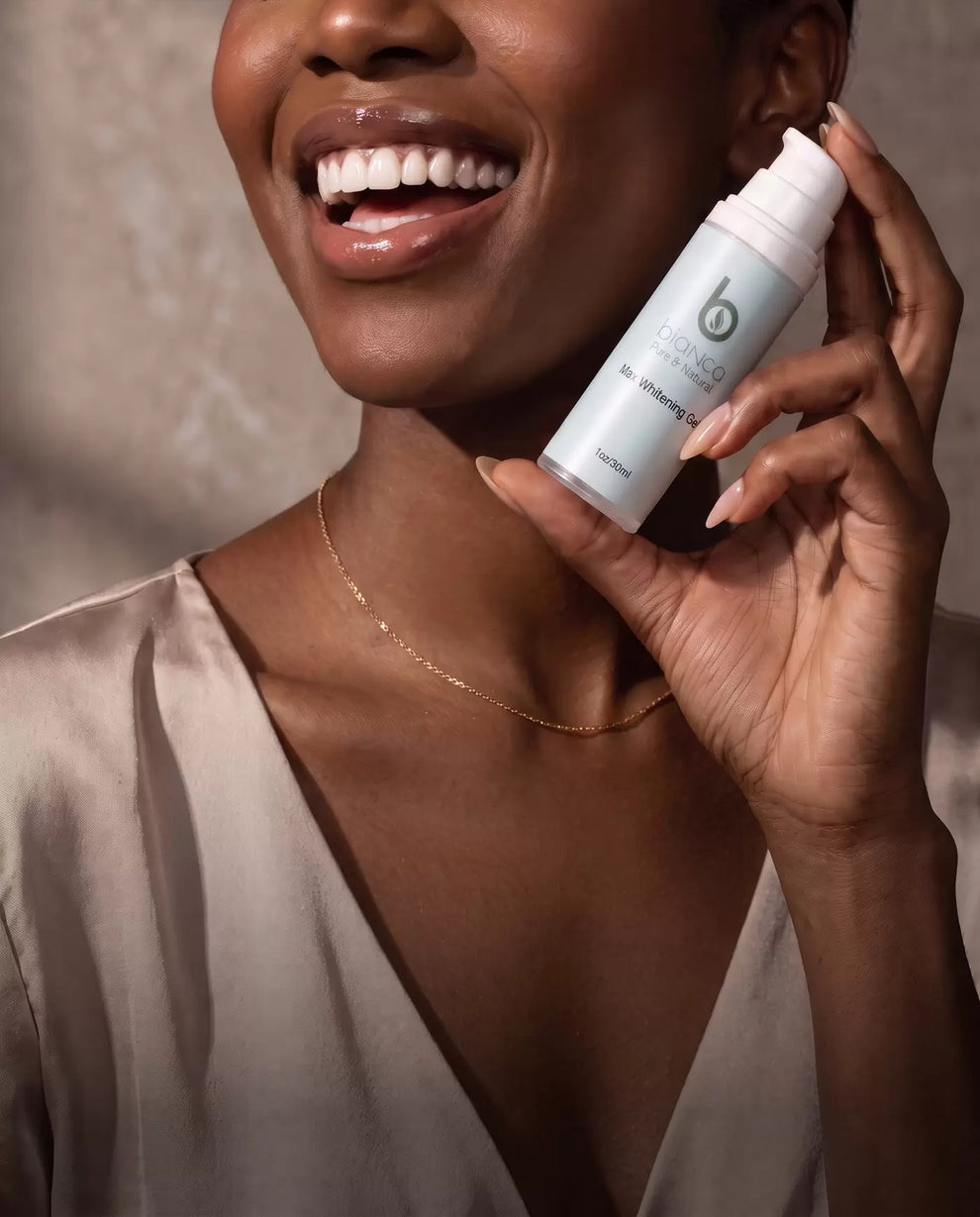 Woman with a bright white smile presenting Bianca Pure & Natural Max Whitening Gel, luxury editorial style