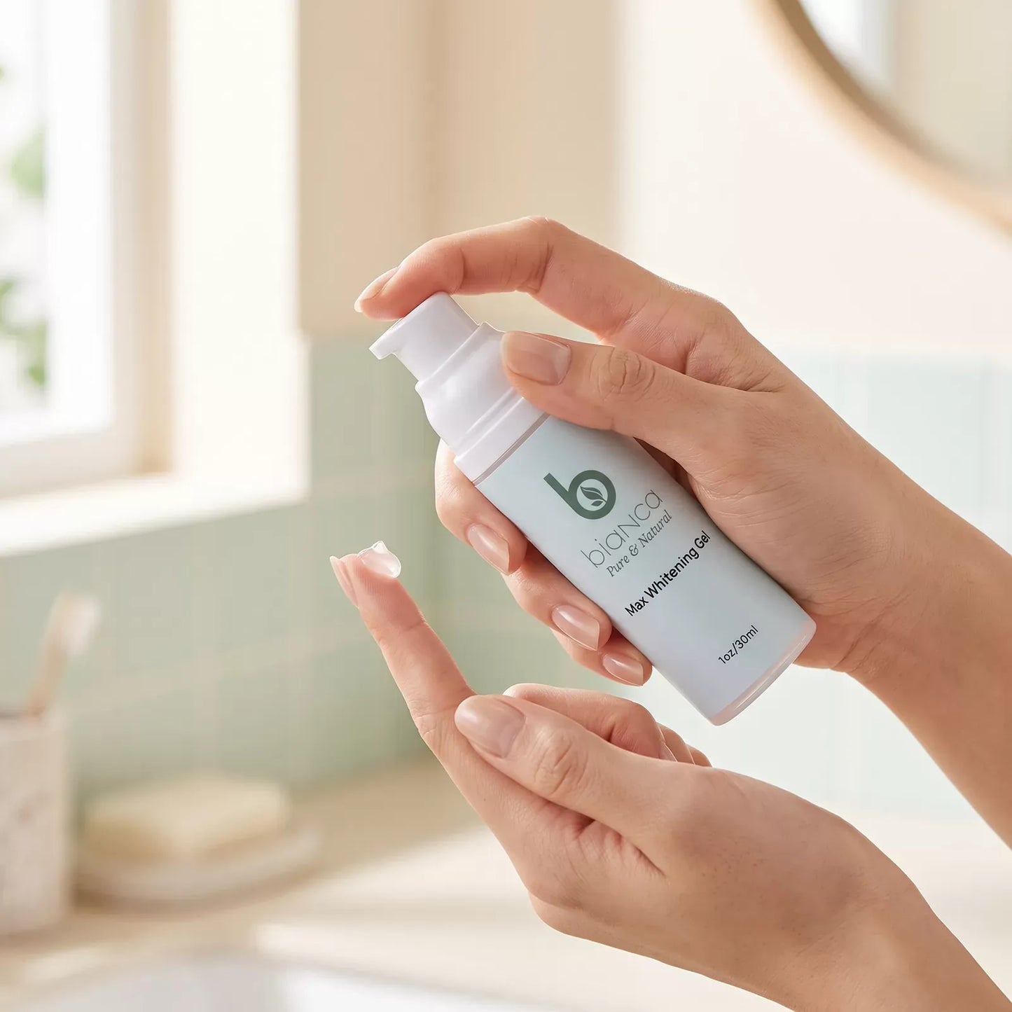 Hand dispensing Bianca Max Whitening Gel onto a fingertip at a bright bathroom vanity