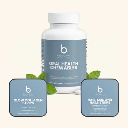 Bianca Oral Probiotic Chewables bottle with Glow Collagen Strips and Hair, Skin and Nails Strips tins