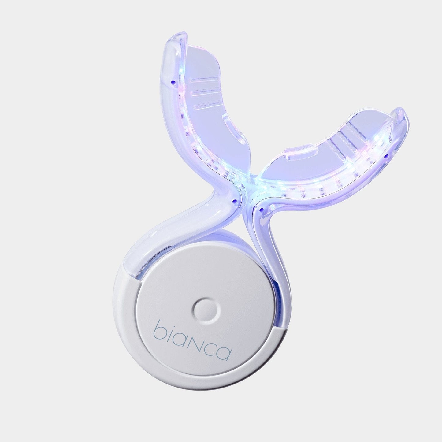 Bianca Bright Pro LED whitening device showing blue and red light therapy modes