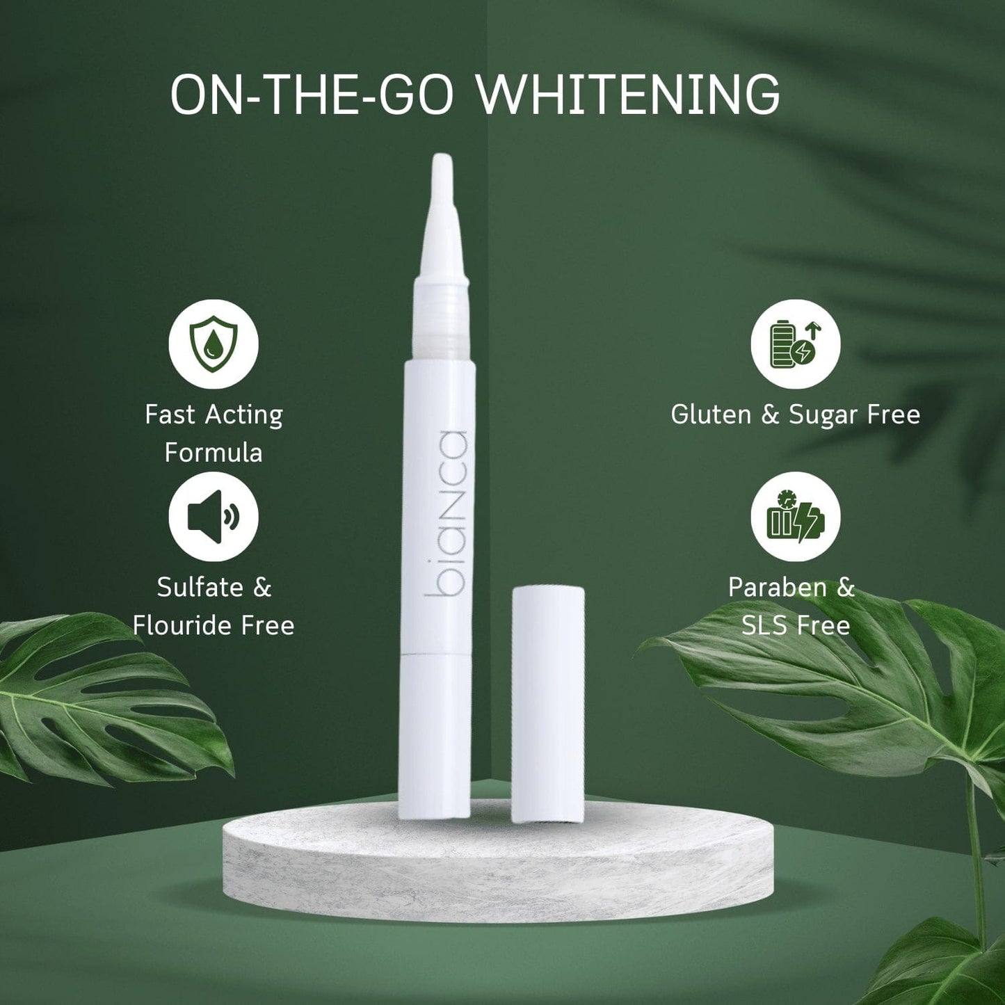 Portable on-the-go teeth whitening pen by Bianca Bright fits in pocket or purse