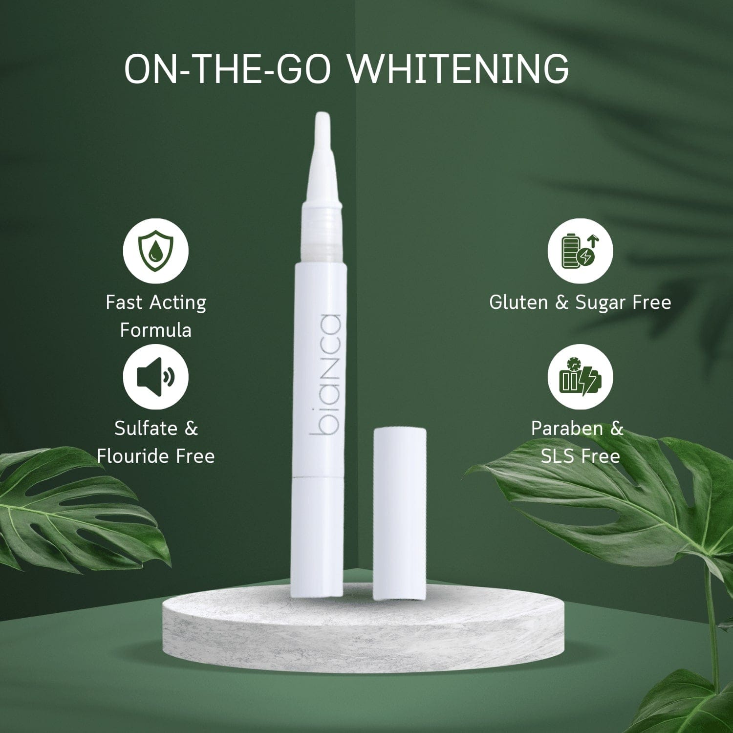 Portable on-the-go teeth whitening pen by Bianca Bright fits in pocket or purse