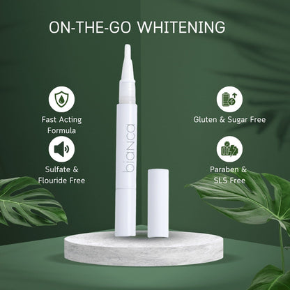 Portable on-the-go teeth whitening pen by Bianca Bright fits in pocket or purse